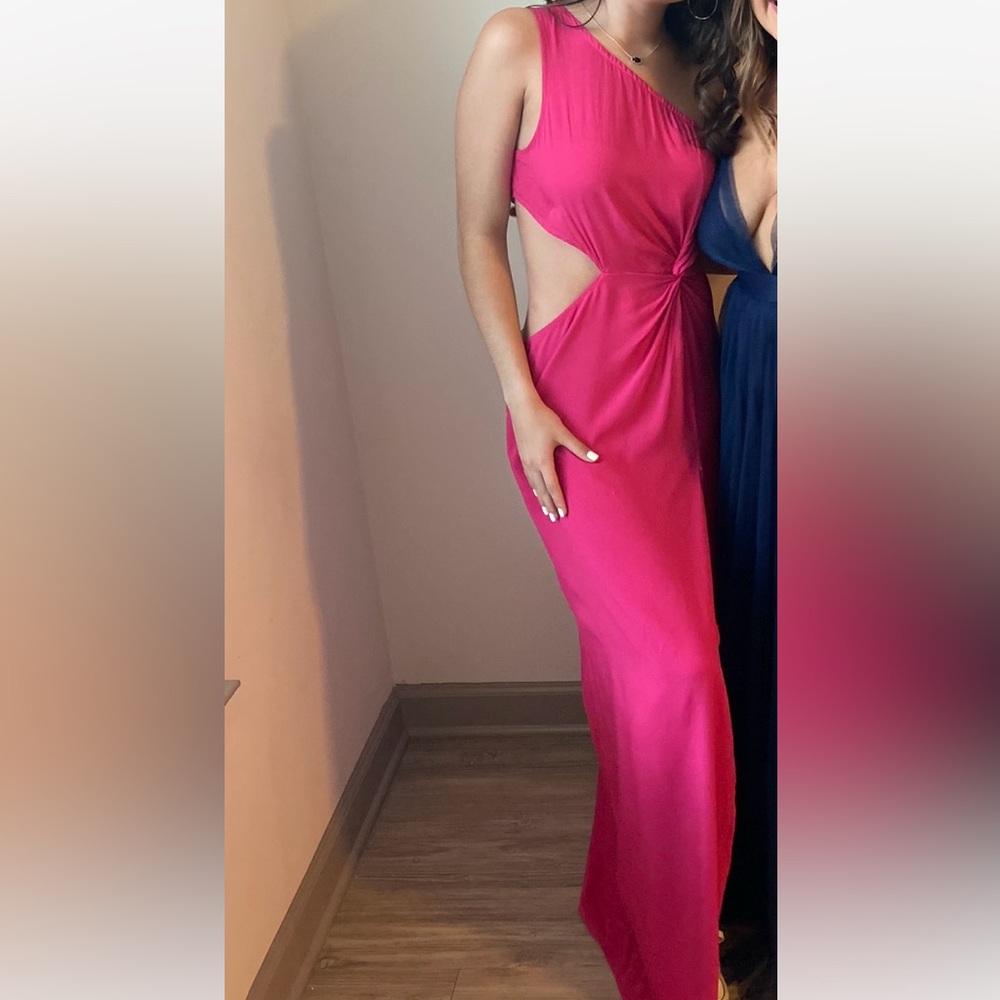 Hot Pink PrettyLittleThing One Shoulder Slit Maxi Dress